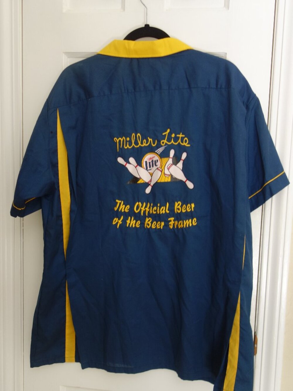 EUC HILTON Active Apparel Miller Lite Bowling Navy Yellow Shirt U.S.A. Shirt XXL